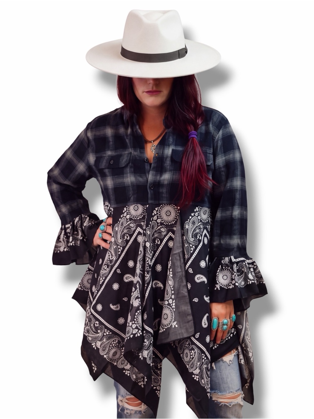 Black White Plaid Flannel Bell Sleeve Hanky Hemline Festival Duster Jacket